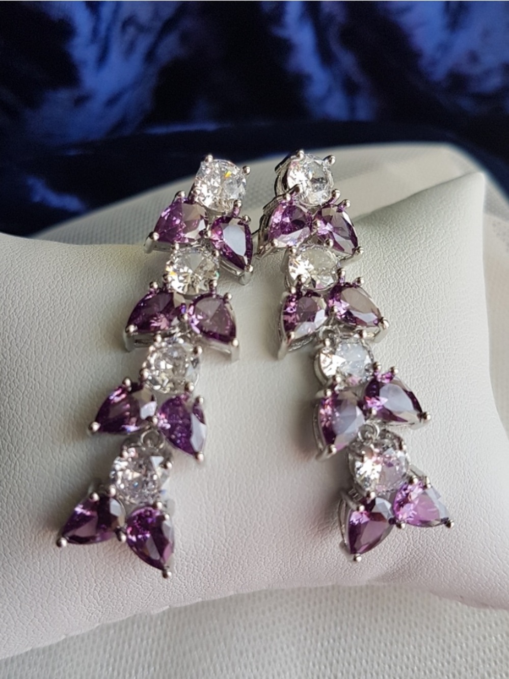 Swarovski Elements Amethyst Purple Teardrop & Clear Tennis Drop Earrings NEW